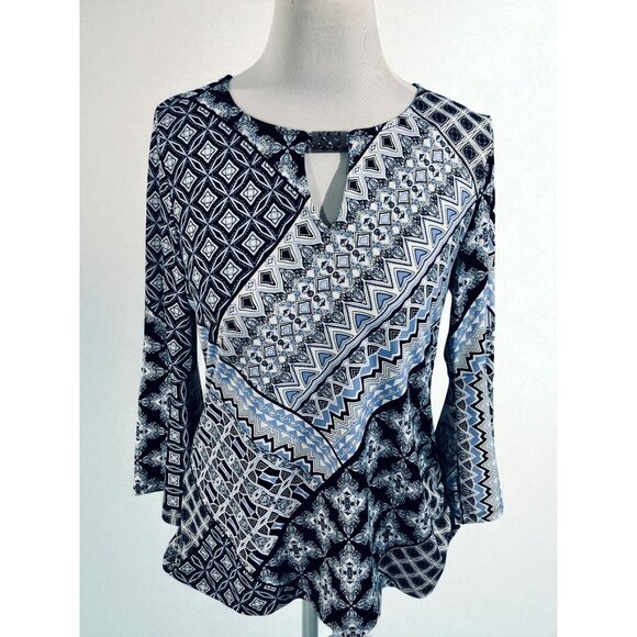 Boho Indie Retro Womens Blue Pattern Keyhole Blouse Quarter Sleeve Casual Top M - Picture 7 of 8